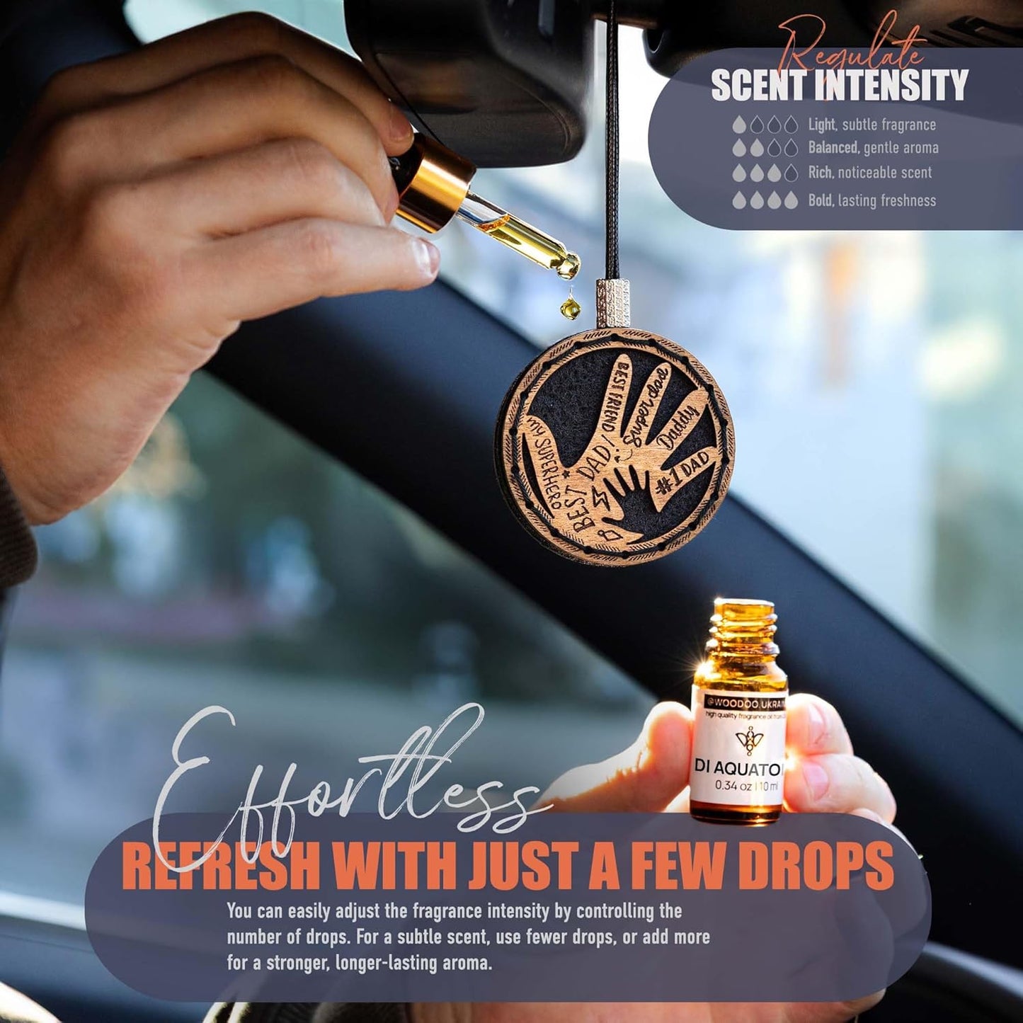 Wood Car Air Freshener — Handcrafted Air Freshener — Father’s Hands Fragrance Oil Diffuser in Wooden Gift Box — Father’s Day Gift Set for Car with diAquatoria Fragrance Oil - 10 ml