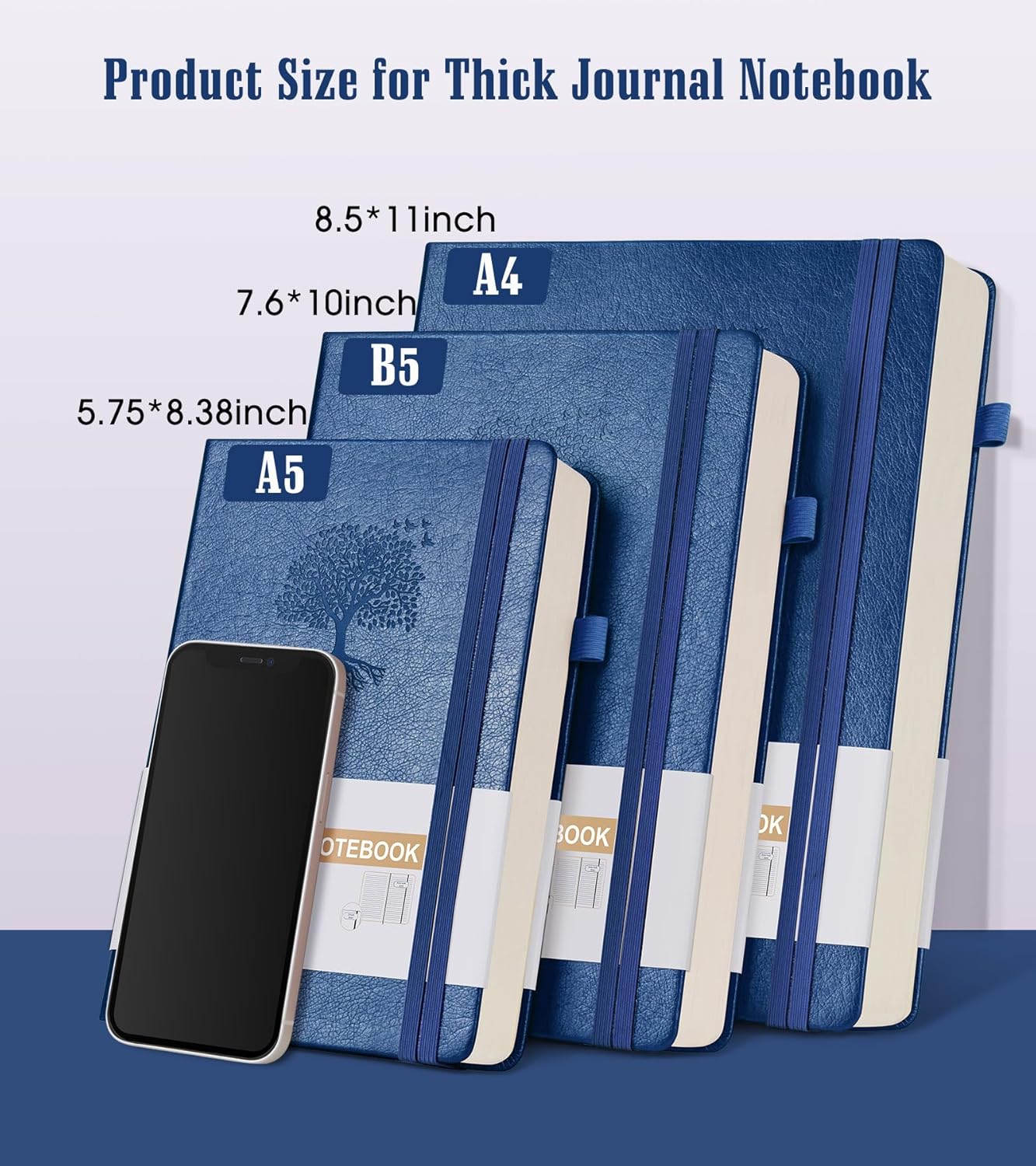 Lined Journal Notebook -365 Pages A5 Thick Journals for Writing Ruled Notebook, Hardcover Leather Journal for Women Men, Daily Notebook for Work, Note Taking, 100Gsm Paper( 5.75'' X 8.38'' Darkblue)