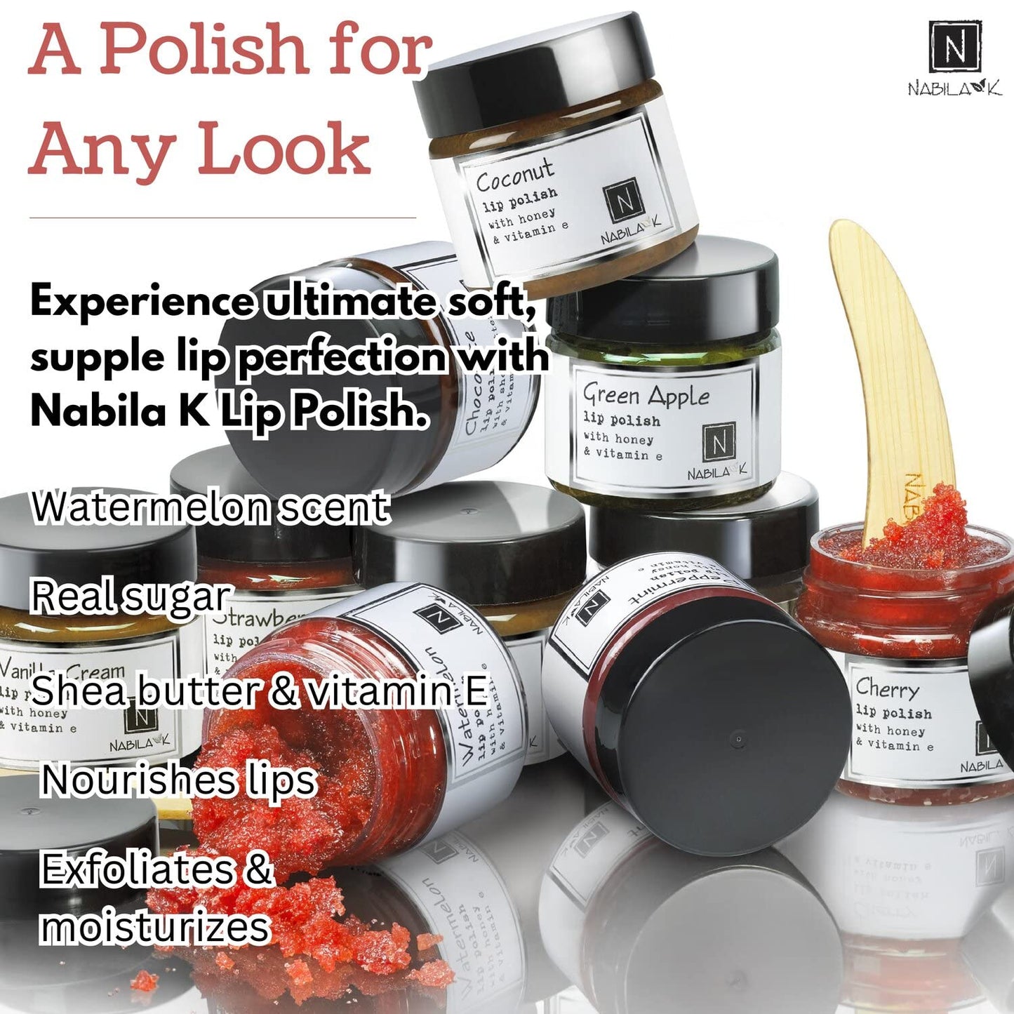 Nabila K Lip Polish with Honey and Vitamin E, Lip Scrub for the Holidays, Watermelon Sugar Scrub, 1 oz