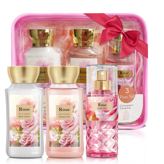 Portable Bath and Body Care Travel Set for Women & Girls, Rose 3PCS Set - Shower Gel, Body Lotion, Body Mist, Personal Body Care Gift Set for Birthday Mother's Valentine's Day Gifts for Her