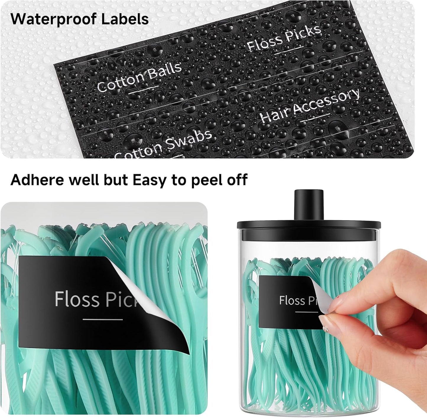 TIPGO Glass Qtip Holder Dispenser for Bathroom - 10 oz Clear Canister Apothecary Jar for Cotton Swabs, Balls, Pads, Floss Picks, Small Containers for Makeup Storage Organizer (2 Pack, Black)