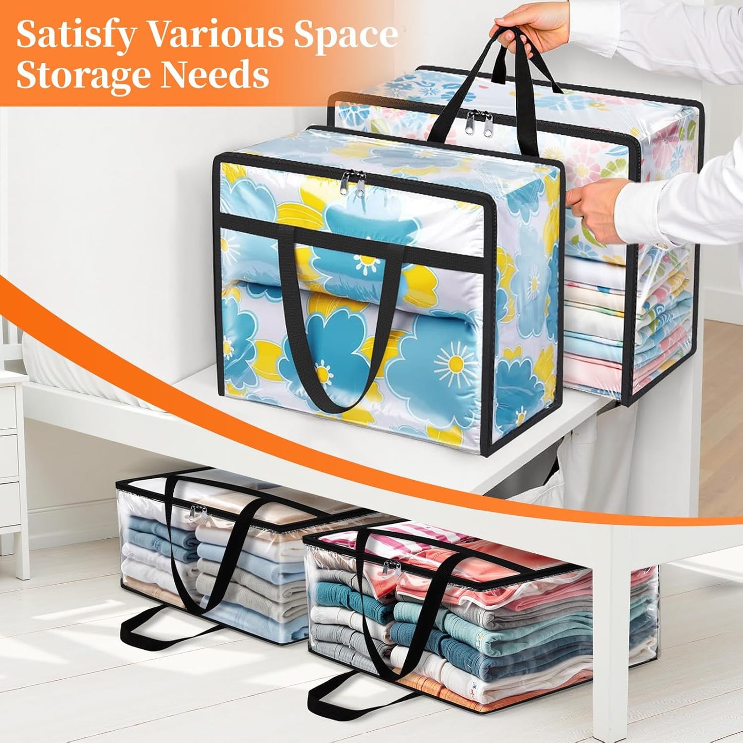 Clear Clothes Storage Bags, 6 Pack Closet Organizers and Under Bed Storage Containers, Foldable Moving Bags with Zippers for Comforter, Blanket, Bedding, Duvet, PVC Packing Bags 90L