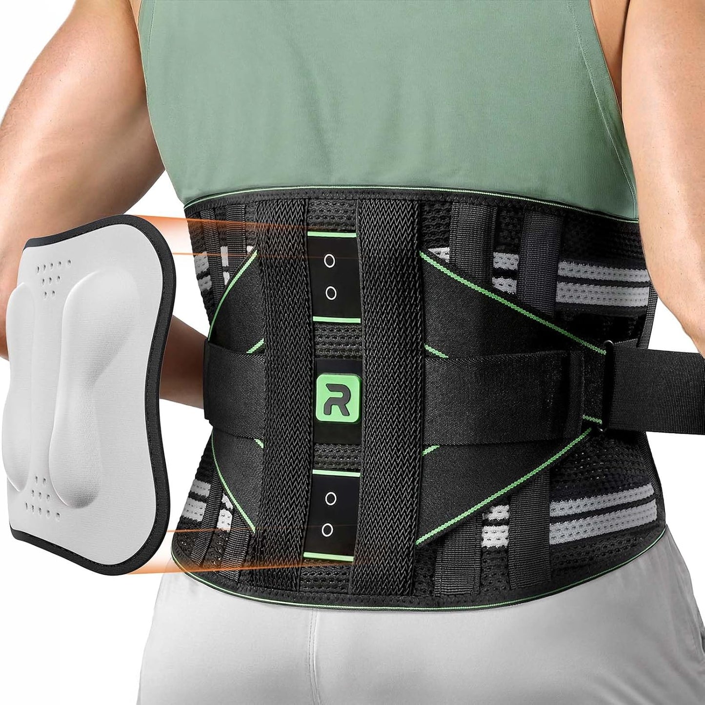 Back Brace for Men Women, Integrated Lumbar Support, Breathable Soft Mesh Fabric and 8 Stays All-round Support, Durable Back Support With Lumbar Support Pad for Home & Lifting At Work, Green Size L