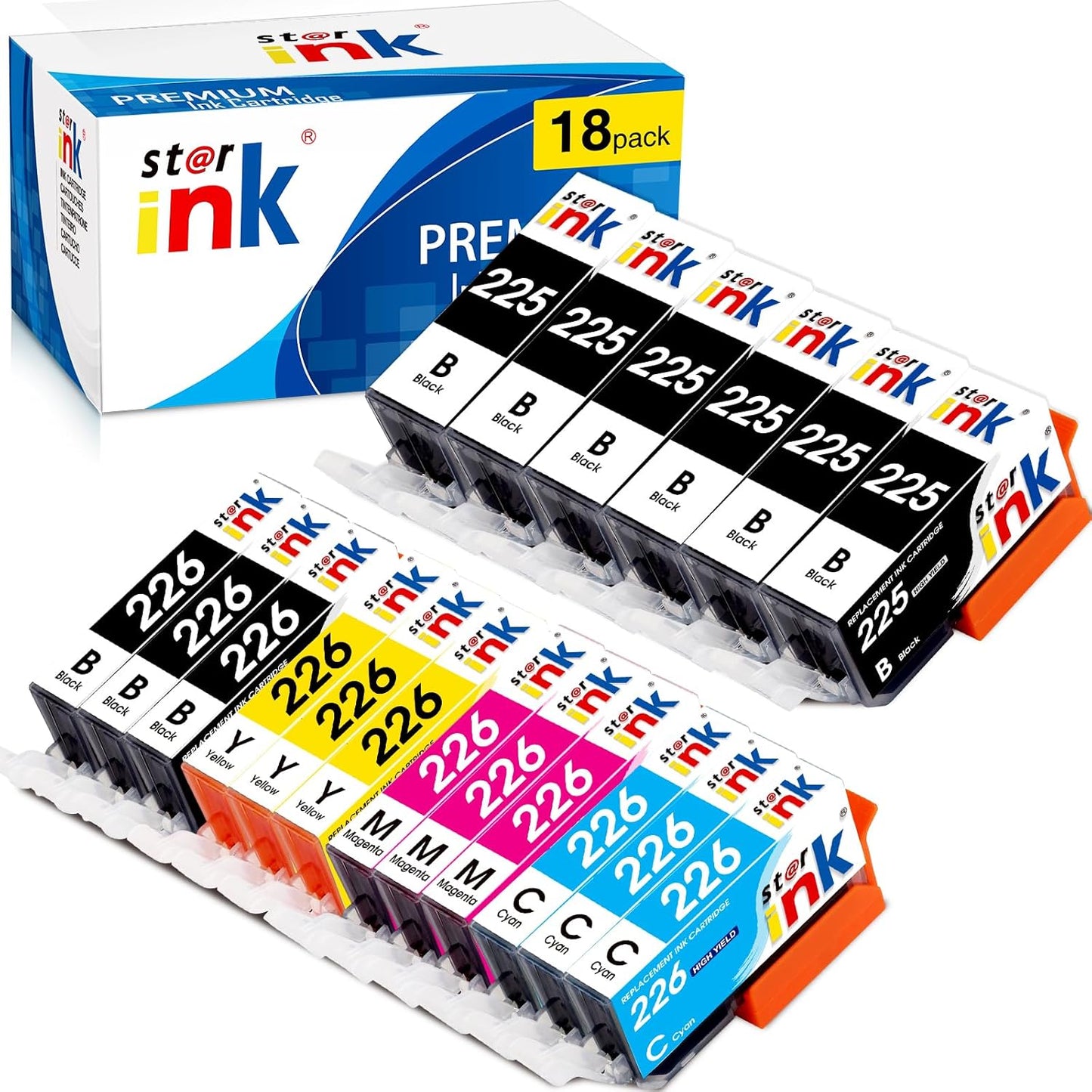 225 226 Ink Cartridges(18-Pack) Replacement for Canon PGI-225 CLI-226 Ink Compatible for Canon MG5320 MG5220 MG6120 MG6220 MG8120 MX882 MX892 MX712 Printer(6 PGBK, 3BK, 3C, 3M, 3Y)
