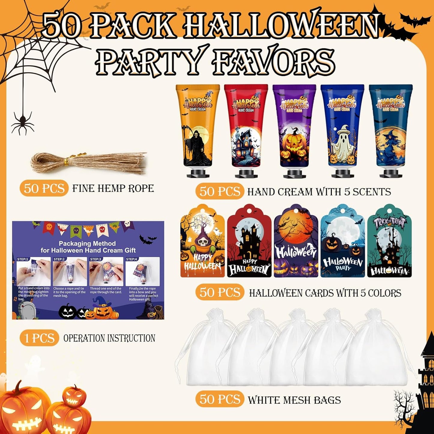 VESPRO 50 Sets Halloween Hand Cream Gift for Women, Hand Lotion for Halloween Party Favors with Halloween Cards and Organza Bags, Halloween Decorations and Bulk Halloween Gifts for Women