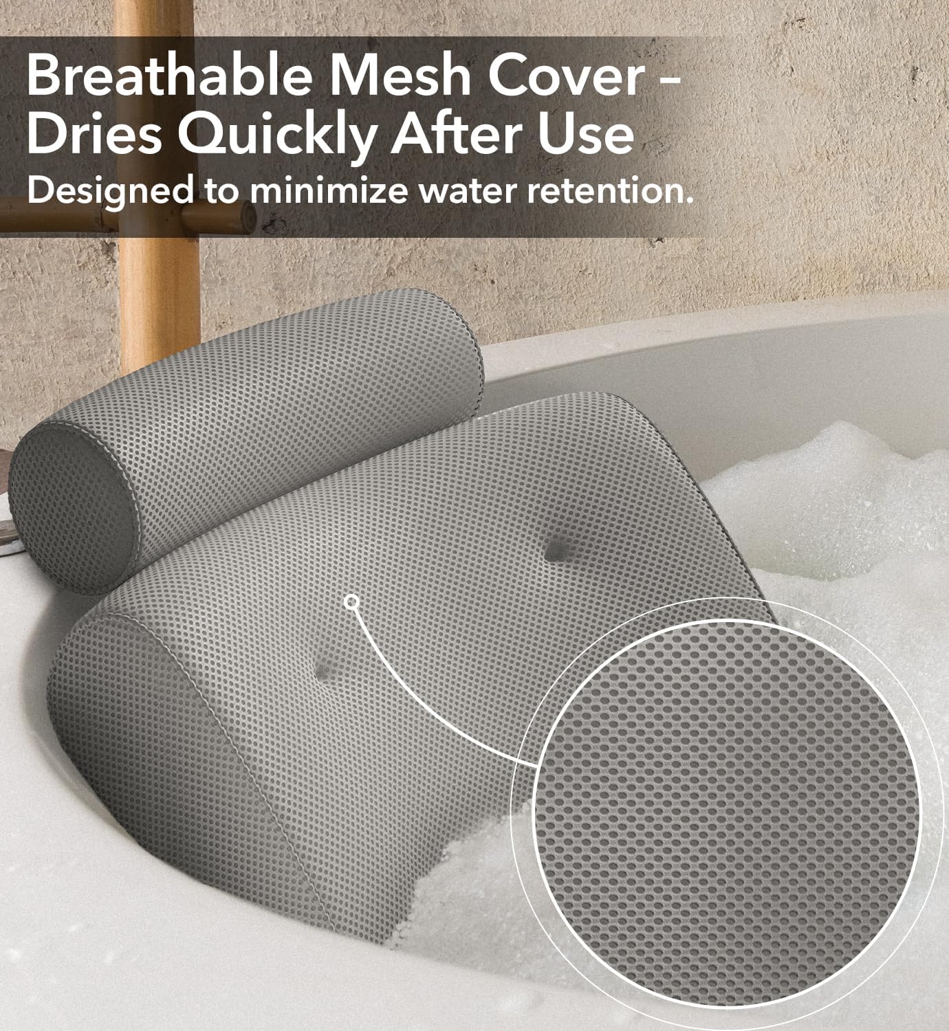 Everlasting Comfort Luxury Bath Pillows for Tub with Head and Neck Support - Non-Slip Bathtub Pillow with Suction Cups, Quick-Drying Mesh & Drying Hook - Jacuzzi & Bathtub Accessories for Women -Gray