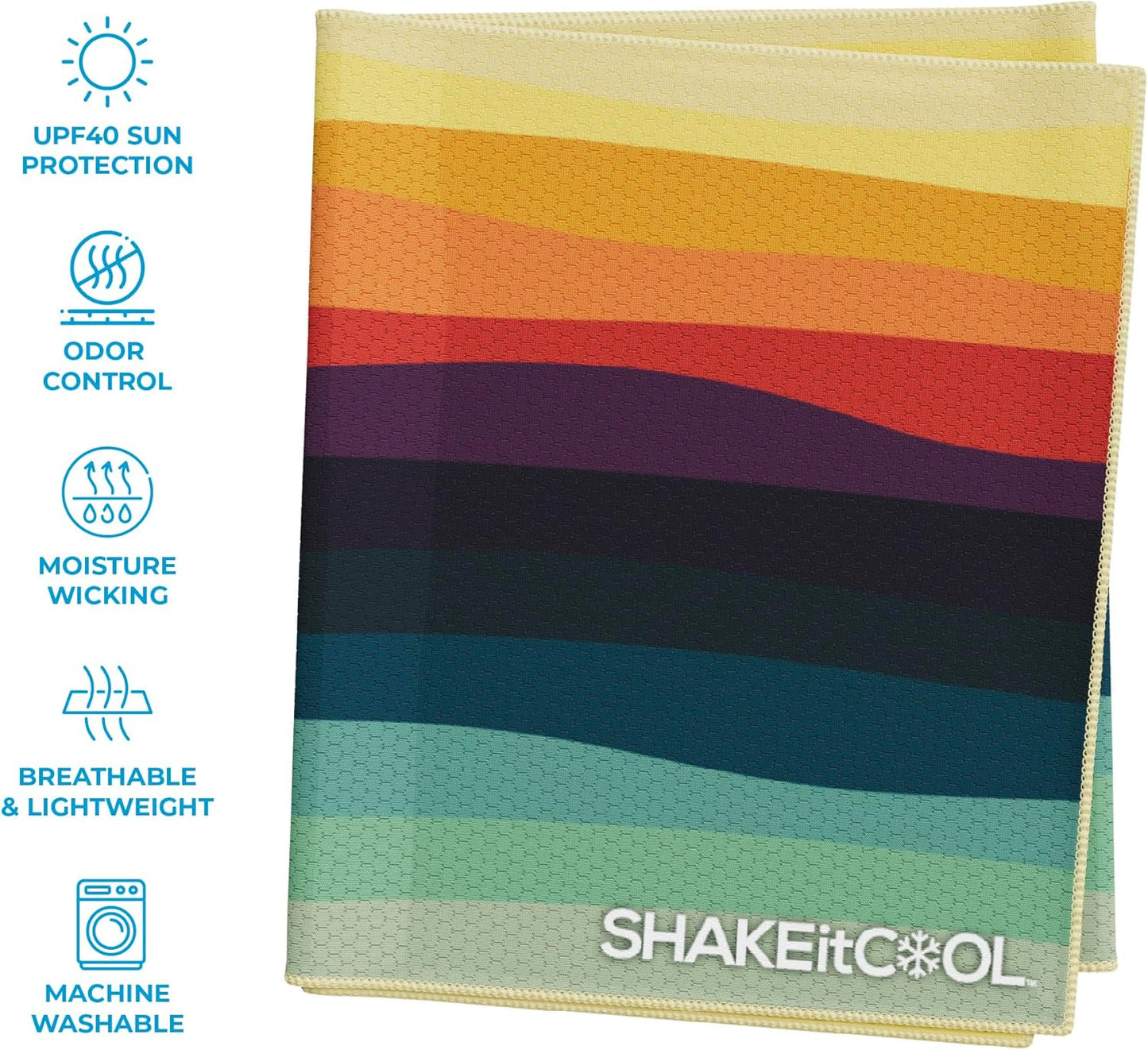 SHAKEitCOOL Extended Size Cooling Towel – Be Cool in Style - Heat Relief, Soft, Lightweight, Sun Protection, Easy Clean - Perfect for Biking, Hiking, Running, Yoga, Golf, Gardening - Sunset Wave M