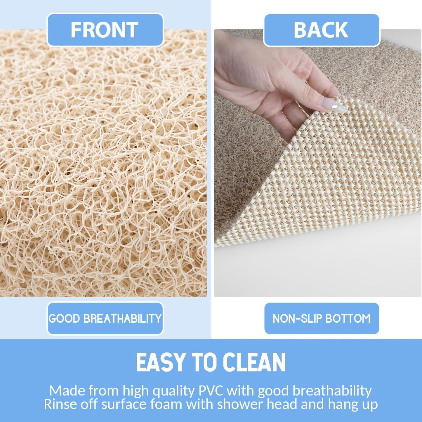 Non-Slip Shower Mat Bathtub Mat for Bath Tub,Anti Slip Bath Tub Mat,Floor Mat,Soft PVC Loofah Bathroom Mats,Foot Scrubber Mat,Quick Drying Easy Cleaning Mats for Wet Areas(40 * 16 Beige)