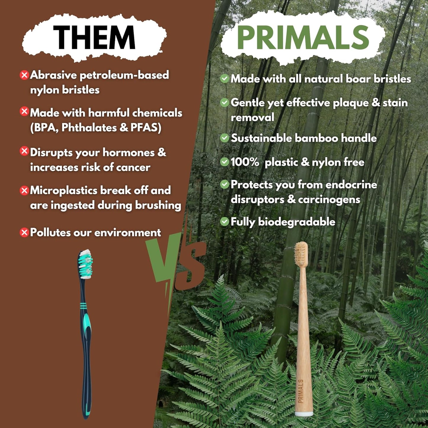 PRIMALS Boar Bristle & Bamboo Toothbrush (4-Pack) - Premium Boar Bristles - Fully Biodegradable - Plastic & Nylon Free - Quick Dry Design
