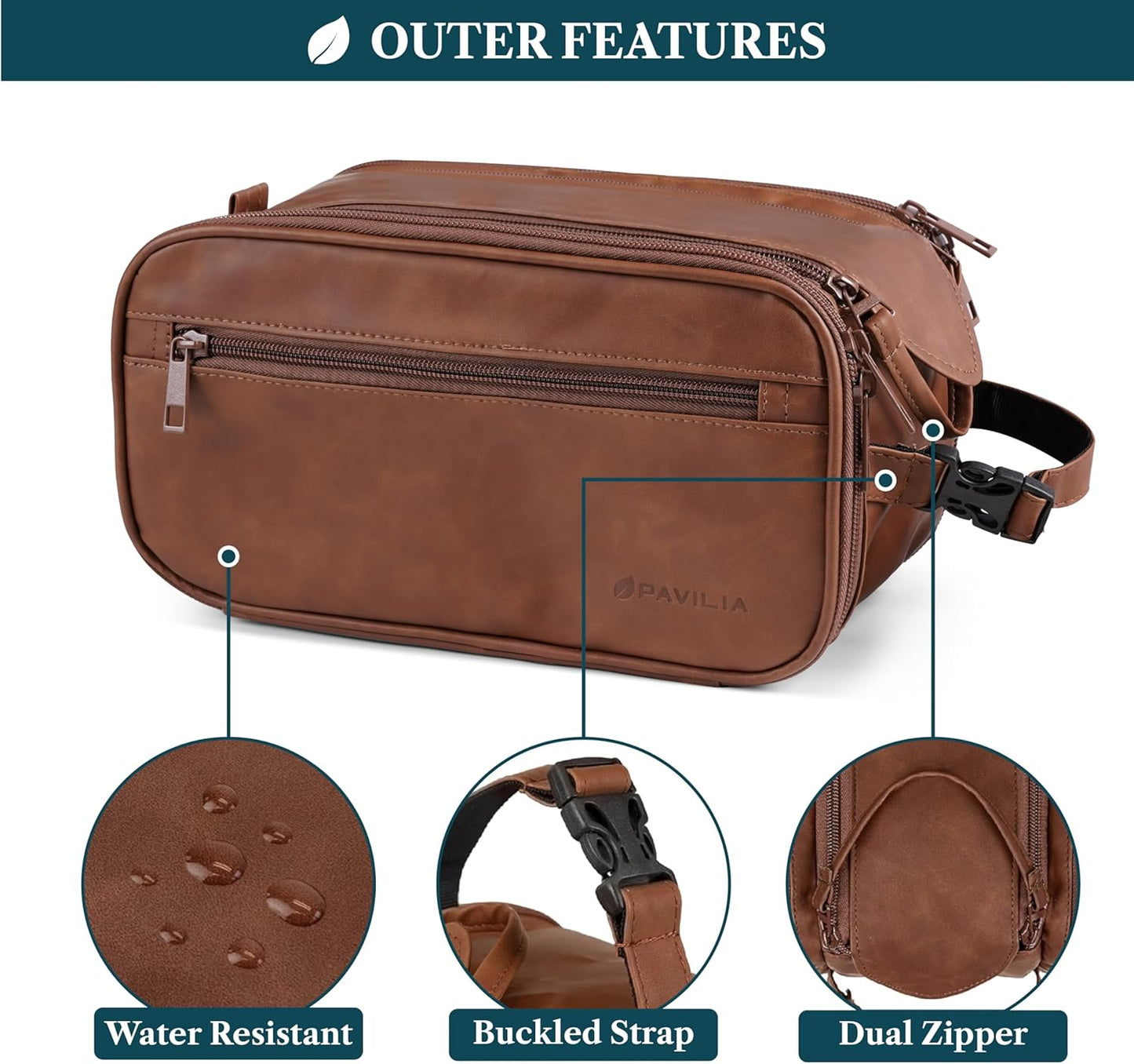 PAVILIA Large Toiletry Bag for Men Women, Mens Travel Bag Toiletries Organizer Case for Grooming, Travel Essentials Shaving Dopp Kit, PU Leather Water Resistant Cosmetic Pouch, Brown