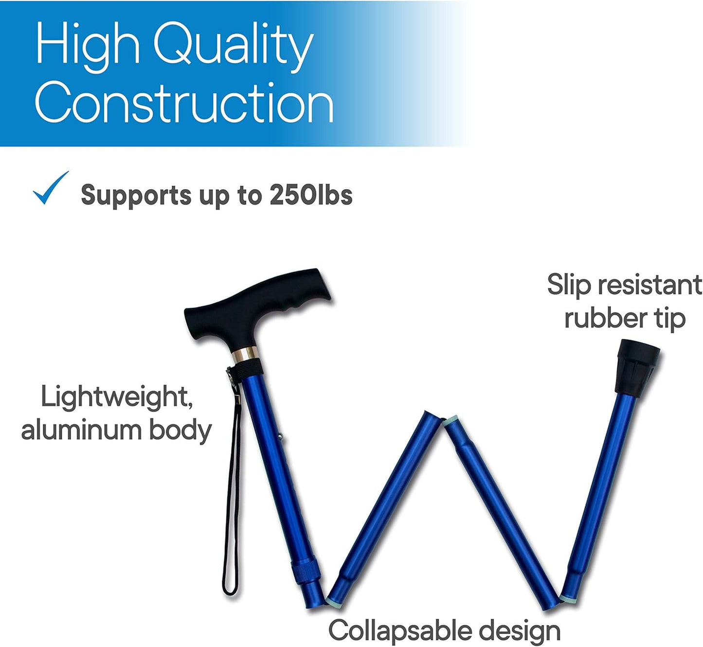 RMS Folding Cane - Foldable Walking Cane with Adjustable Height - Collapsible and Lightweight - Soft Ergonomic Handle for Comfortable Grip - Portable Walking Stick for Mobility Aid