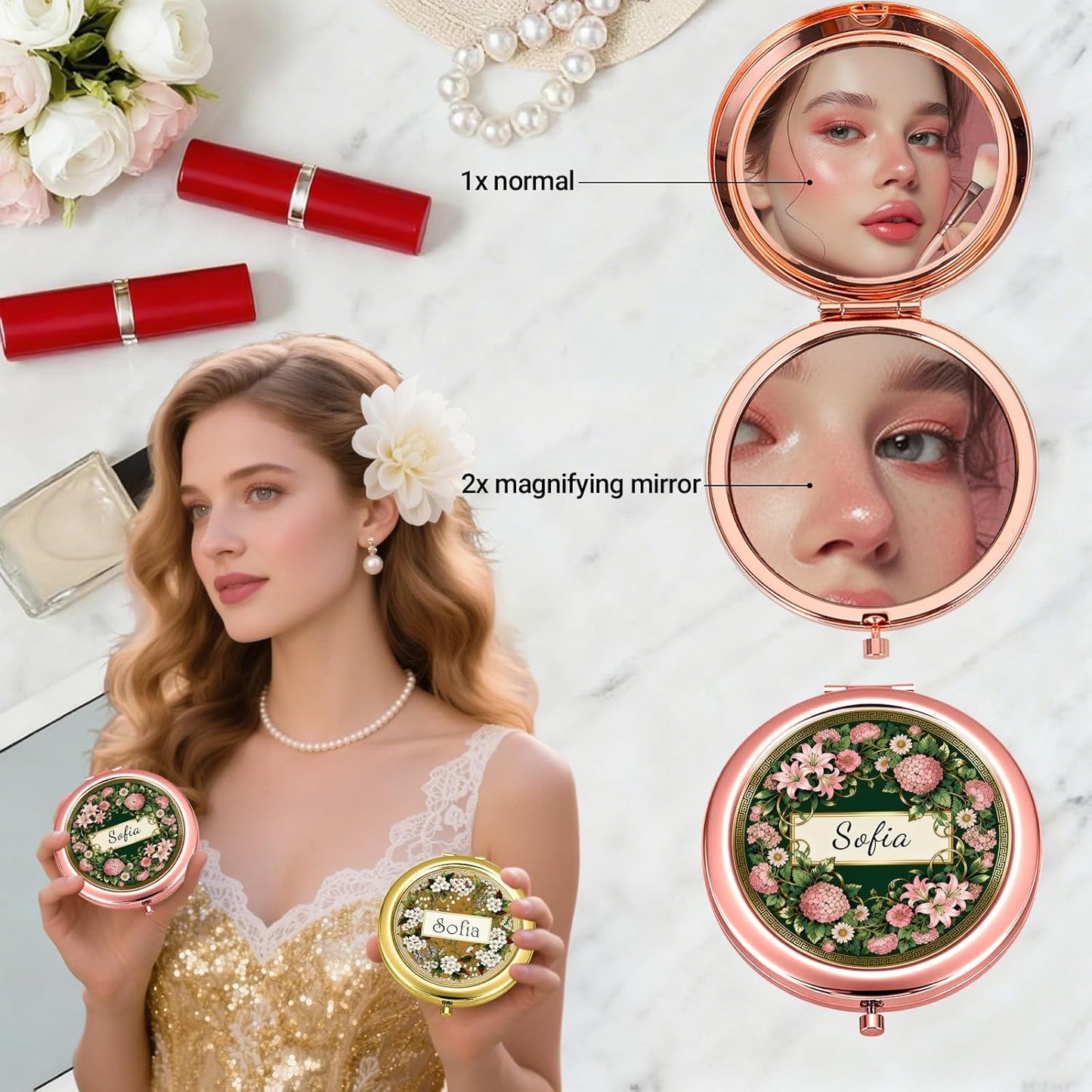 Custom Compact Mirror with Name - Personalized Flip Makeup Travel Pocket Mirror Gift for Women Bridesmaids Wedding Birthday (Classic Flower)