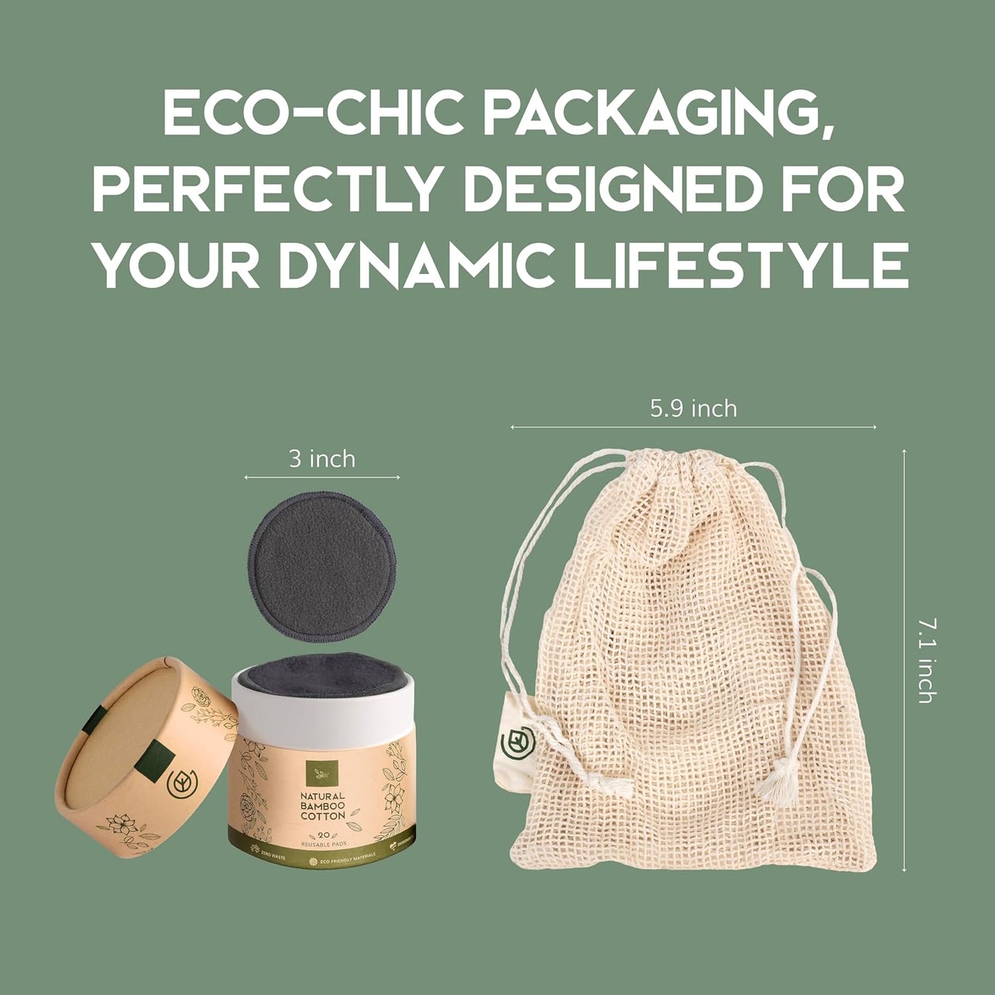 Greenzla Reusable Makeup Remover Pads - 20 Pack Organic Dark Charcoal Bamboo Cotton Pads with Mesh Laundry Bag, Cotton Travel Pouch, & Cotton Rounds Holder, Sustainable Face Wipes for All Skin Types