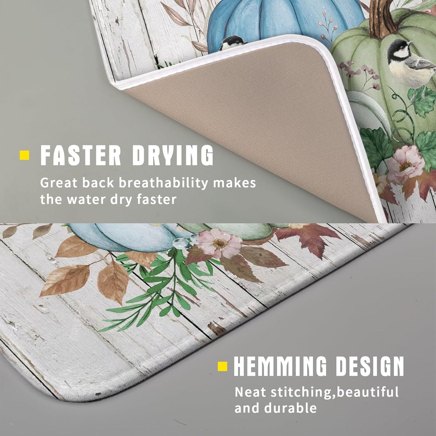 Fall Blue Pumpkin Dish Drying Mat 16x18 inch Autumn Harvest Dish Rack Mats Reversible Microfiber Drainer Pad for Kitchen Countertop Decor