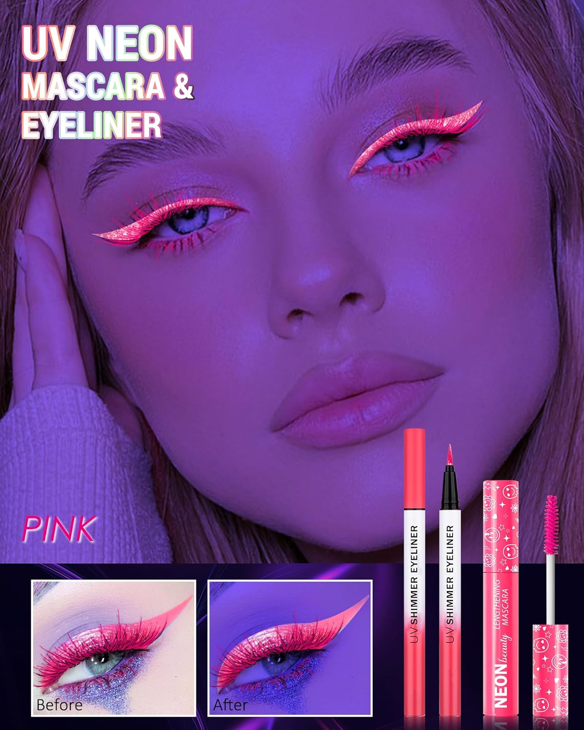 UV Neon Pink Mascara & Eyeliner Set, Waterproof Volumizing Colored Mascara Volume and Length for Lashes Lengthening, Long Lasting Glitter Liquid Eyeliner Pencil, Halloween Glow in the Dark Makeup-05