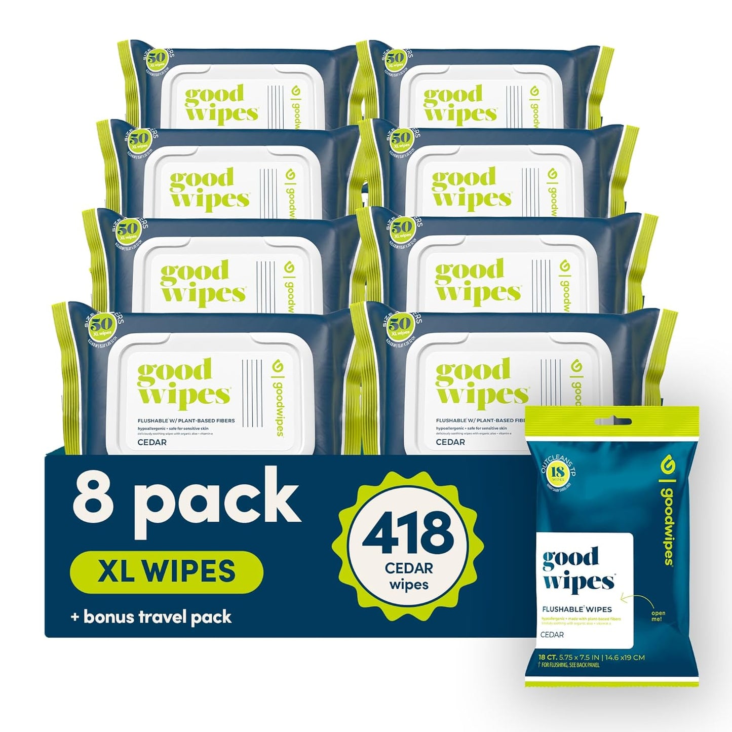 goodwipes Flushable Butt Wipes - Vitamin E & Aloe - Sewer & Septic Safe - Extra Large Adult Wet Wipes For Women & Men - Bathroom Essentials - Cedar, 418 Count (8 Packs + 1 Travel)