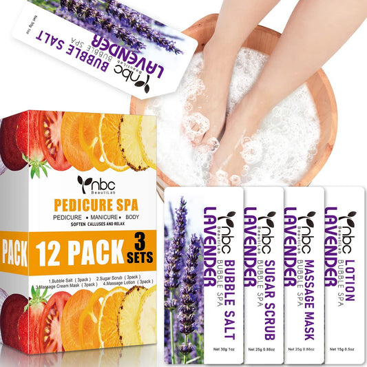 Pedicure Kit Foot Soak Set: Bubble Salt, Sugar Scrub, Massage Mask, Massage Lotion in a Box, 4 Step Foot Spa Kit for Dry Feet, Softens Calluses, Tired Feet(3 Set Lavender)