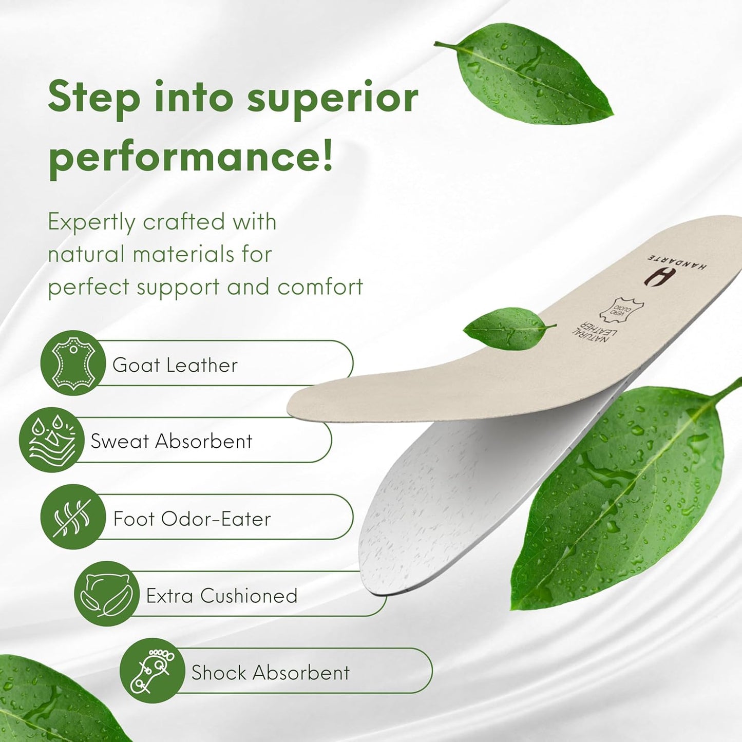 HANDARTE Leather Orthopedic Insoles | Padded Comfort Shoe Inserts for Men | 100% Natural Goatskin - ChromeFree, Anti Sweat & Anti-Odor - Suitable for No-Socks (US M11 | EU45)