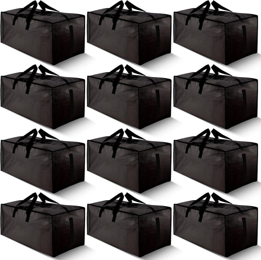 12 Pack Large Strong Moving Bags with Zippers & Carrying Handles - Water-Resistant - Heavy Duty Storage Tote for Space Saving Moving Storage, Fold Flat, Alternative to Moving Box (Black)