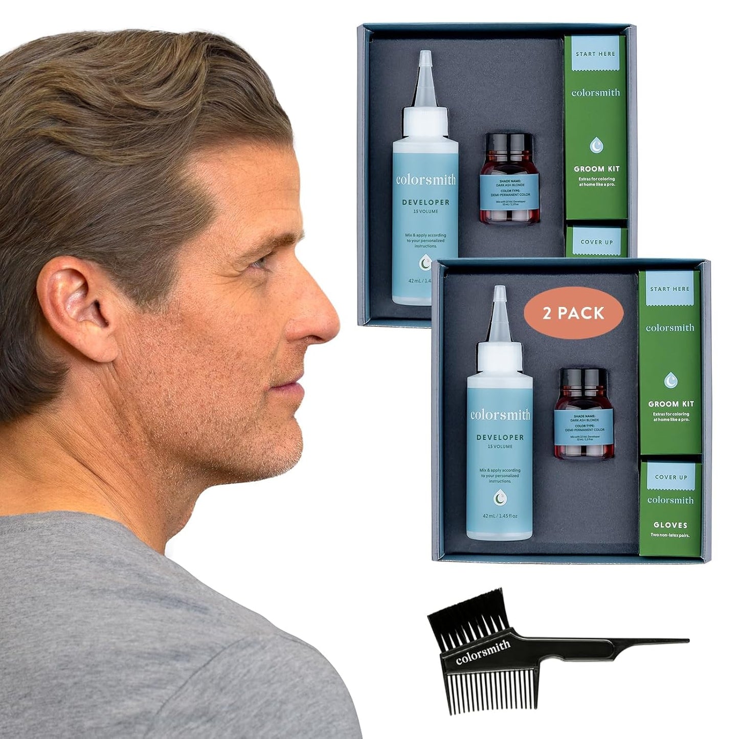 Hair & Beard Color for Blending Grays 2 pack - Dark Ash Blonde - Ammonia-Free Complete Men’s At-home Beard & Hair Dye Kit, Professional-grade Demi-Permanent Hair Color (7.1)