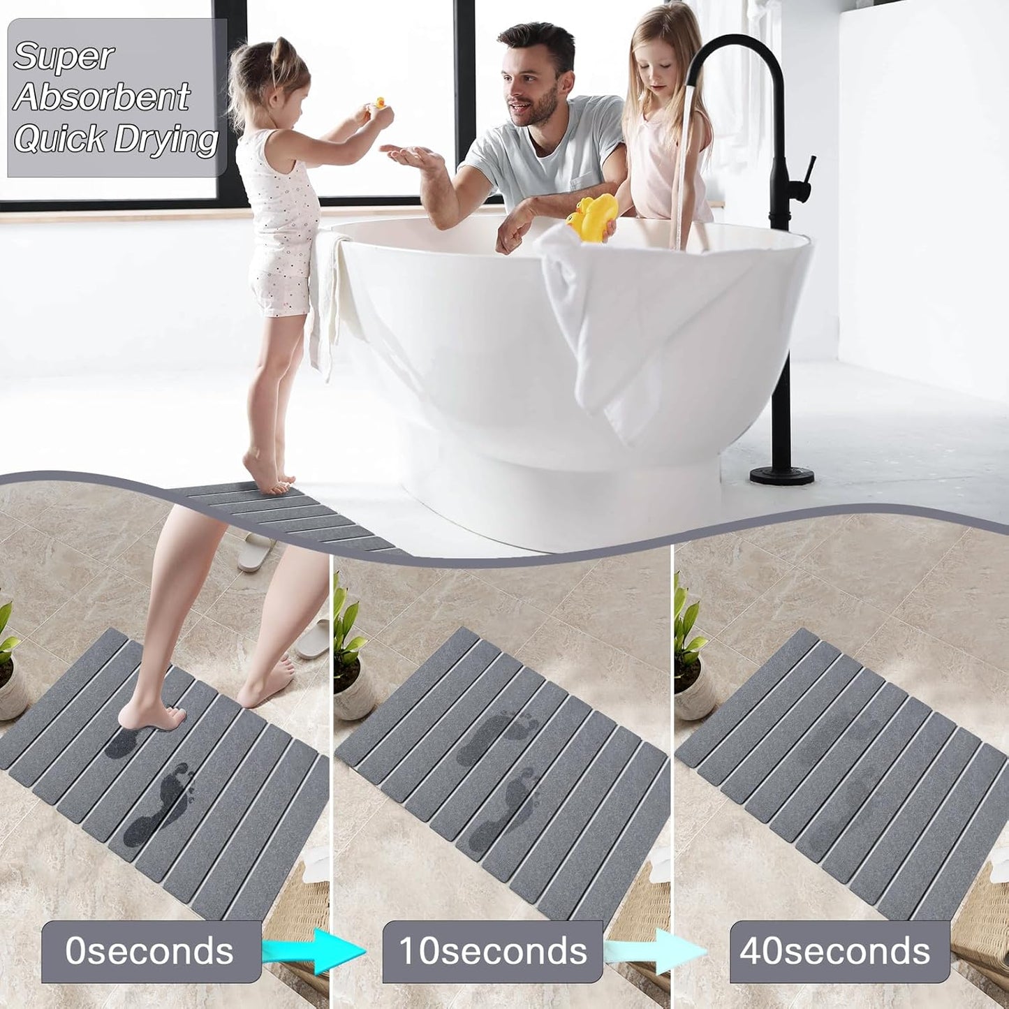 2 Pack Foldable Stone Bath Mats, Gray Super Absorbent Diatomaceous Earth Bath Rug, Non-Slip Shower Mat, Quick-Drying Bath Rug and Drying Mat for Tub and Shower