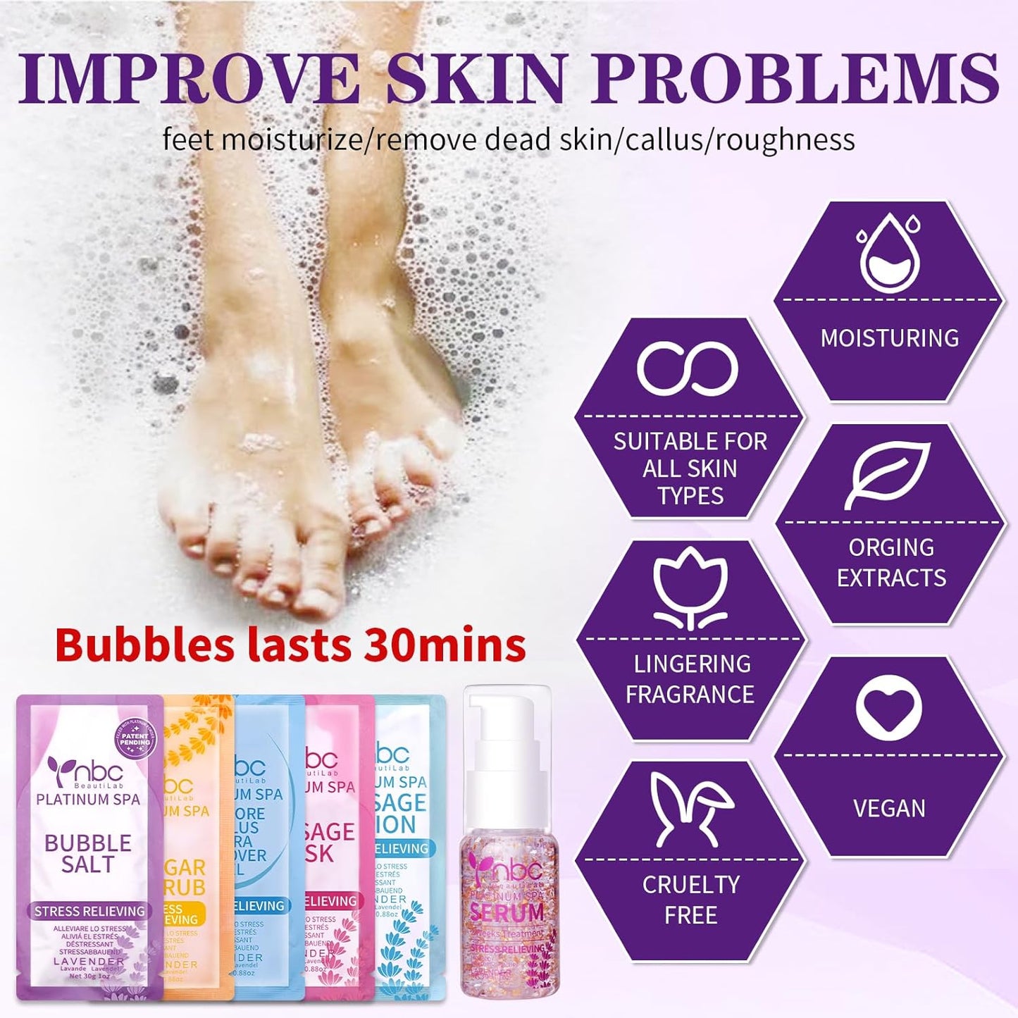 Pedicure Foot Soak Set - Upgraded 6 in 1 Foot Spa, Foot Bath Spa, Pedicure Kit for Tired & Dry Cracked Feet, Athletes Feet, Bad Odor, Softens Calluses (3 Set Lavender)