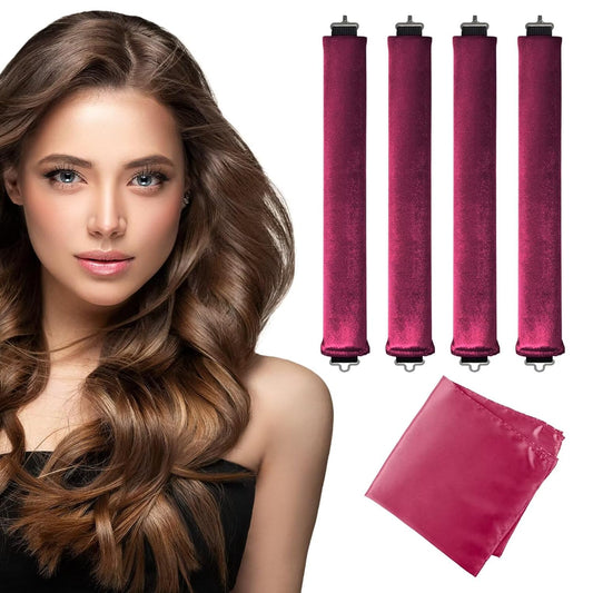 Heatless Curls Overnight Hair Curler - 4 Pcs Curling Rod to Sleep In, Velvet Hair Rollers with Satin Hair Scarf