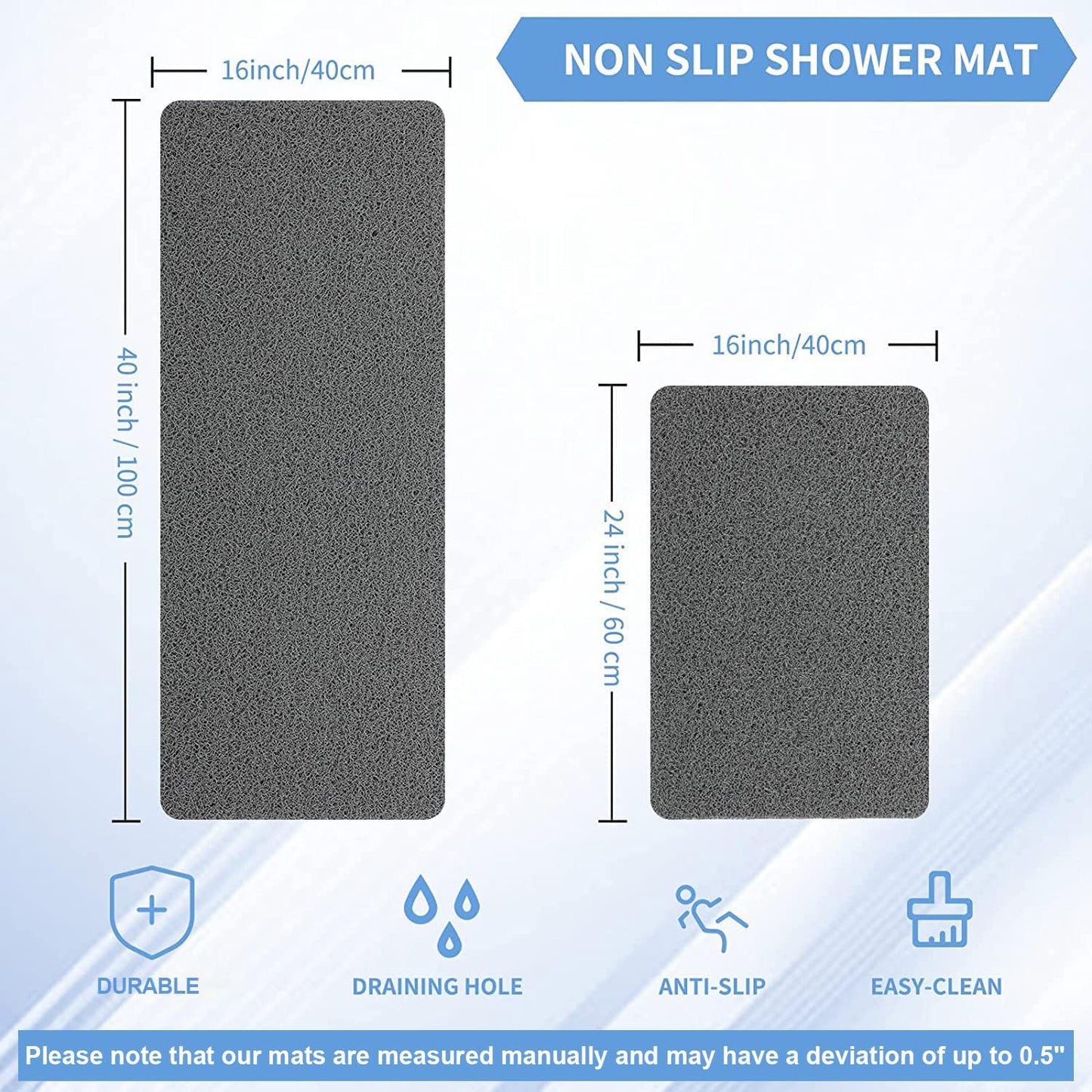 Non-Slip Shower Mat Bathtub Mat for Bath Tub,Anti Slip Bath Tub Mat,Floor Mat,Soft PVC Loofah Bathroom Mats,Foot Scrubber Mat,Quick Drying Easy Cleaning Mats for Wet Areas(40 * 16 Grey)