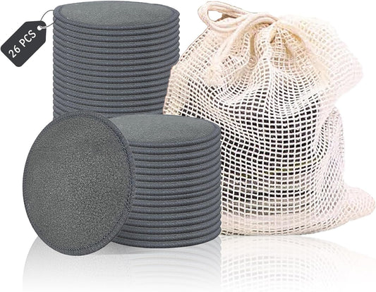 Reusable Bamboo Charcoal Makeup Remover Pads - 26 Packs Reusable Cotton Rounds with Cotton Bag | Organic, Zero Waste, Gentle for All Skin Types | Double-Sided Washable Bamboo Cotton Rounds