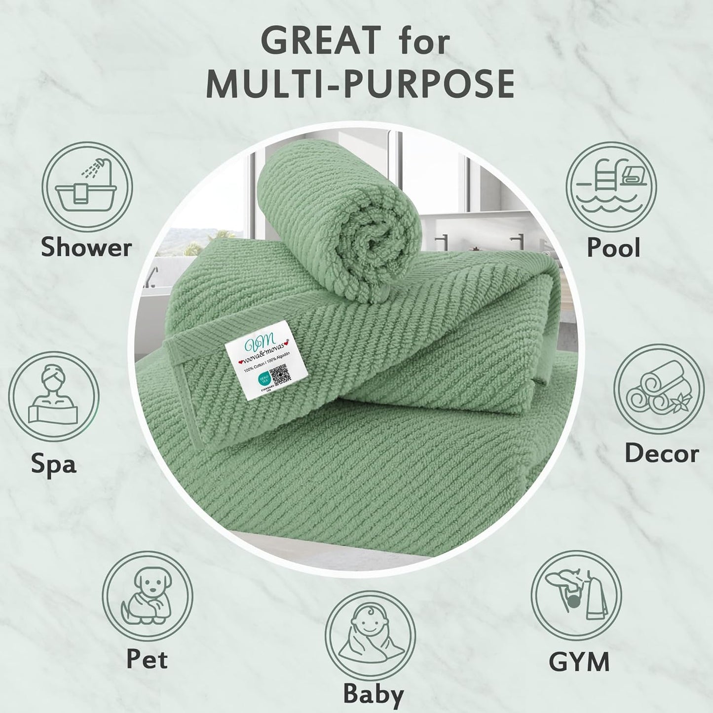 VOOVA & MOVAS Green Towels for Bathroom, 100% Cotton | Quick Dry | Soft | Thick, 3 Piece Towel Set, 1 Large Bath 30" x 56", 1 Hand 18" x 28", 1 Wash Cloth 13" x 13", Bathroom Essentials, Sage Green
