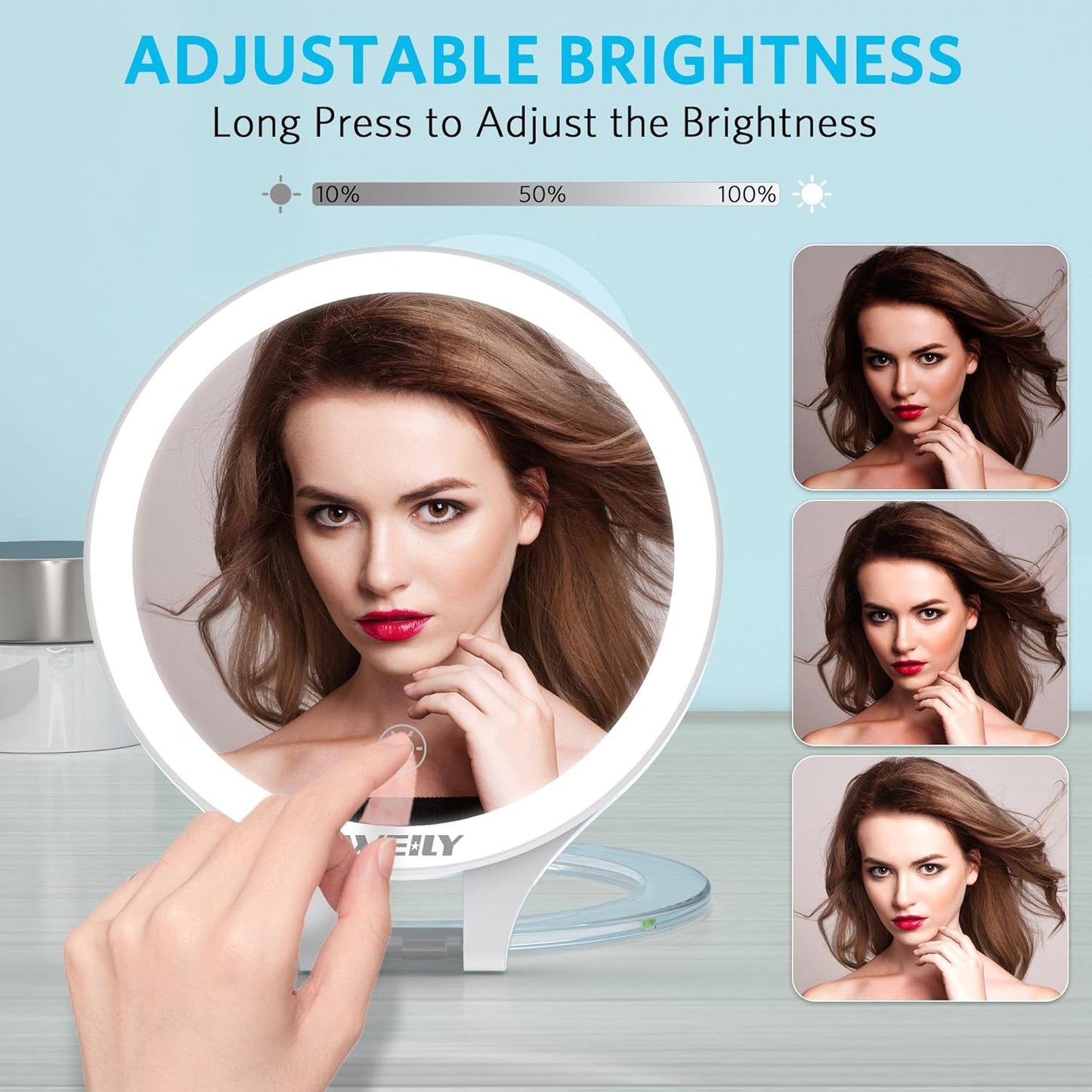 WEILY Magnifying Mirror with Light, 10X/1X Magnification Double-Sided Travel Makeup Mirror, with 3 Color Lights, Touch Control, Rechargeable Portable Mirrors for Bedroom, Bathroom (White)