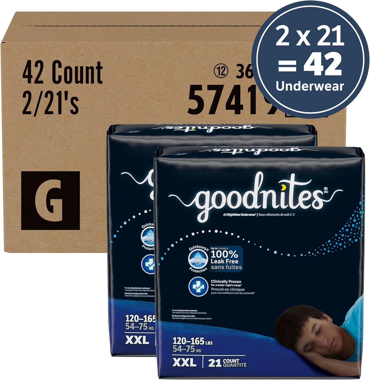 Goodnites Boys' Nighttime Underwear, Size XXL (120-165 lbs), 42 Ct (2 Packs of 21, Packaging May Vary