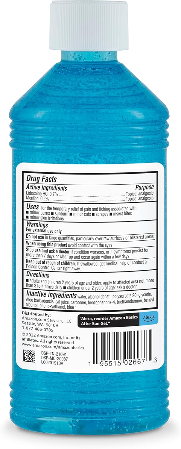 Amazon Brand - Solimo After Sun Gel with Aloe, Lidocaine and Menthol, 16 Fluid Ounce (1 Pack)