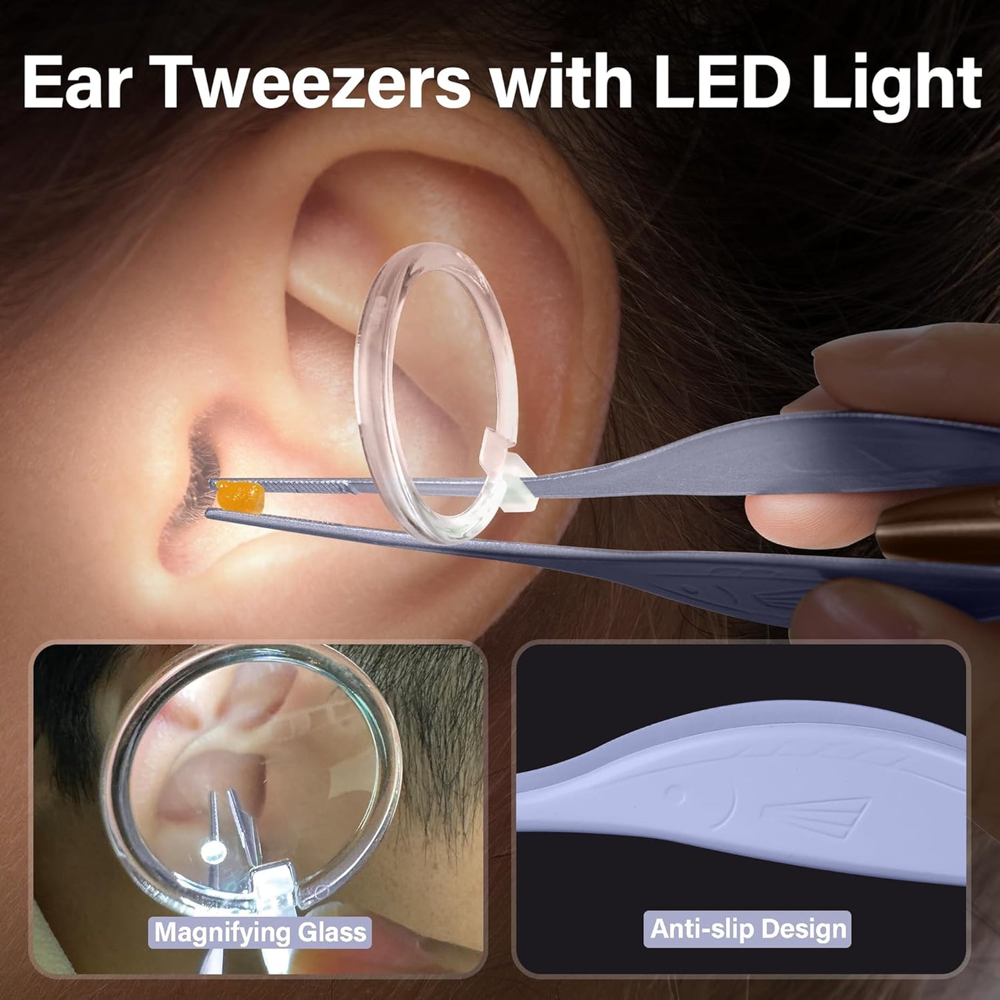 POZILAN Ear Cleaning Kit with LED Light - 15 Pack Ear Wax Removal Kit for Kids and Adults, Earwax Spoon Digger & Tweezers for Ear Cleaning Tool Present Set(Purple)