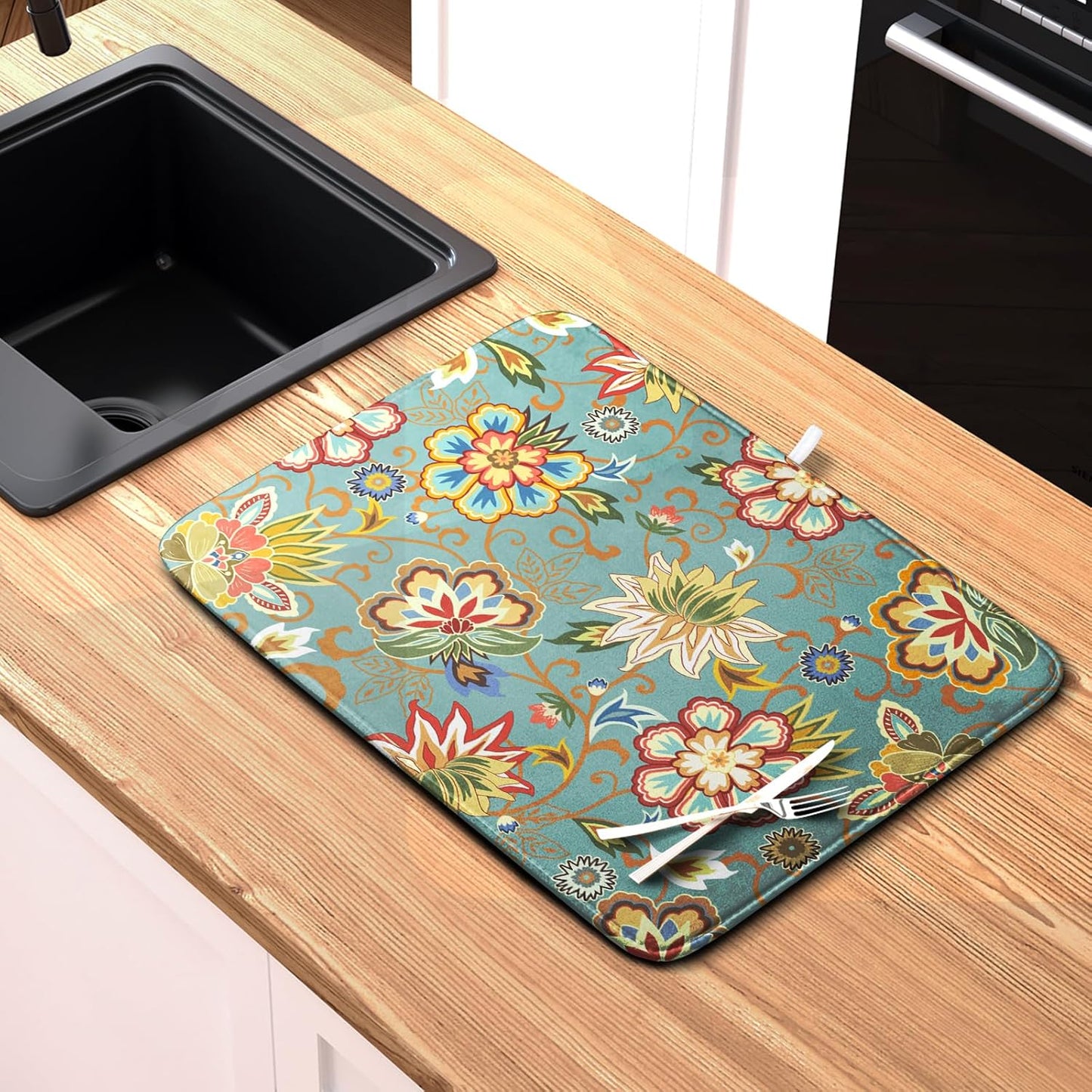 Boho Floral Kitchen Dish Drying Mat for Dishes 18x24 Inch Vintage Mandala Colorful Flowers Drying Mat Green Bohemian Dish Drainer Mat Super Absorbent Dish Rack Pad for Coffee Bar Sinks