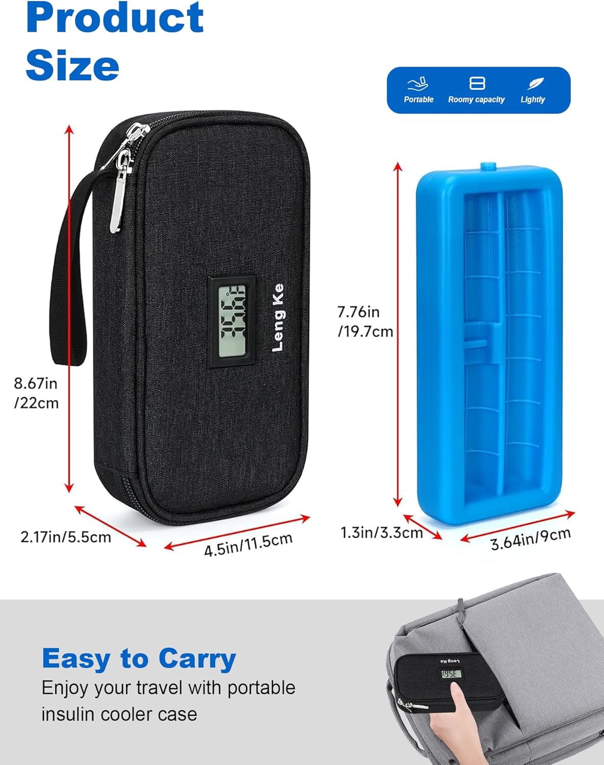 Insulin Cooler Travel Case for Pen & Vials - TSA Approved Temperature Display Diabetic Medication Cooling Bag with Protective Ice Brick, Refrigerated Diabetes Supplies Carrying Organizer(Black)