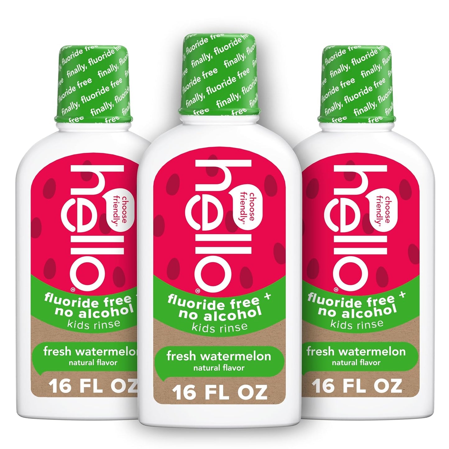 Hello Natural Watermelon Flavor Kids Fluoride Free Rinse, Alcohol Free, Vegan, SLS Free, Mouthwash for Kids Age 6 and Up, 16 Fl Oz (Pack of 3)