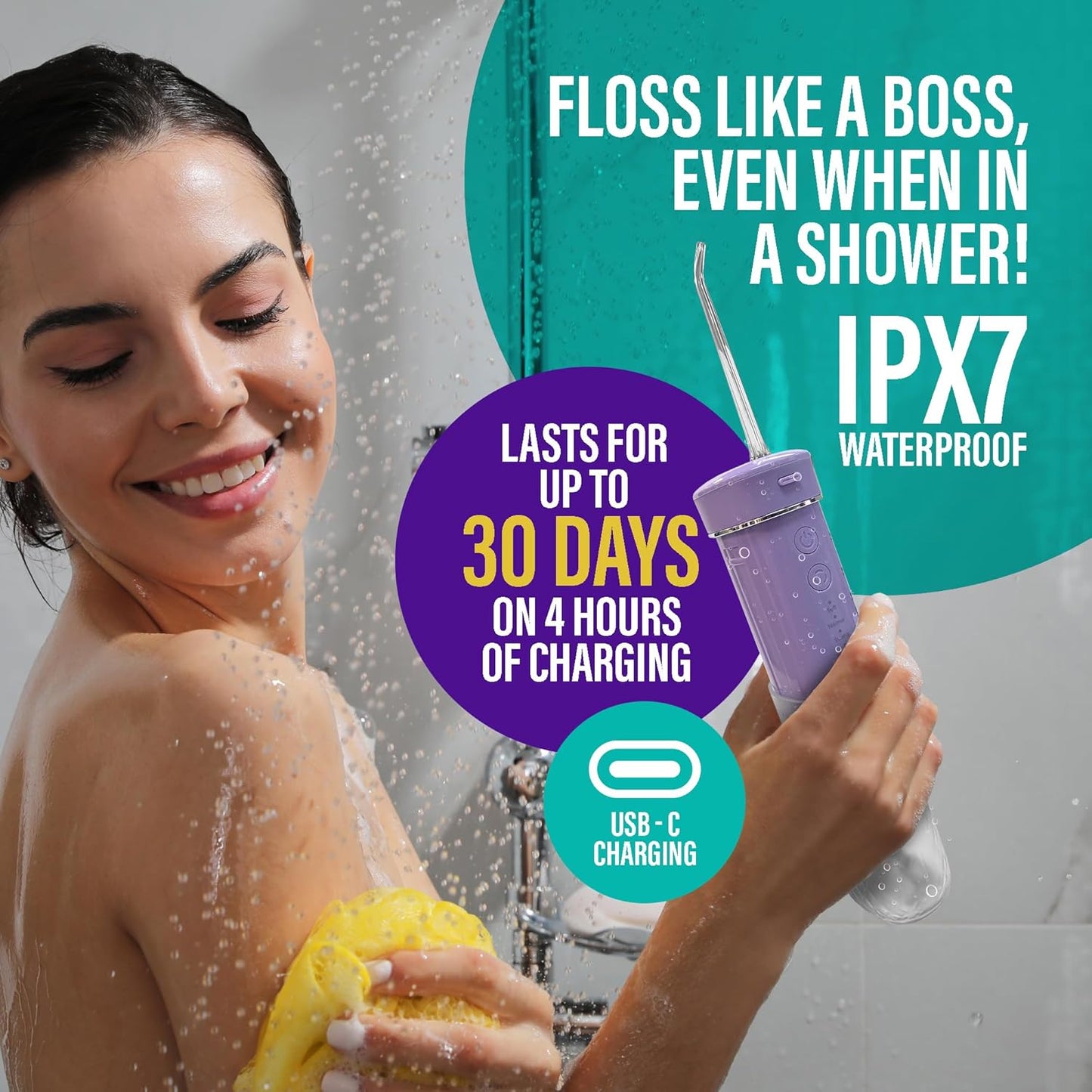 GuruNanda Compact Water Dental Flosser, Portable Travel Size Oral Irrigator Flosser with Collapsible 180 ml Tank, Smart Timer, 4 Flossing Modes, TSA-Approved - Lavender