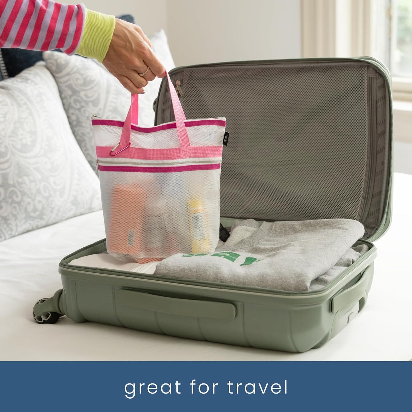 S&T INC. Mesh Shower Caddy, Shower Bag for Dorm Room Essentials, Gym Bag, Camping and More, Two Zippered Pockets, White and Pink, 10 Inches x 10 Inches