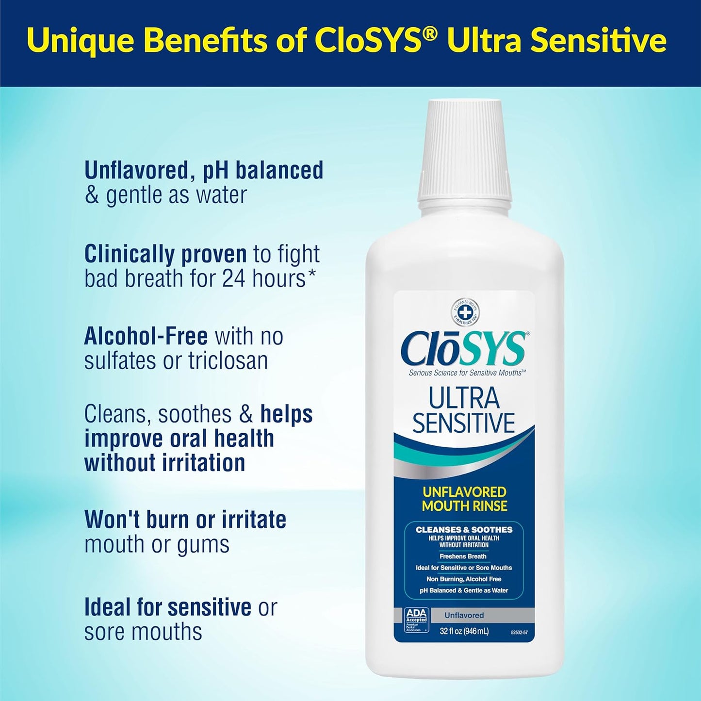 CloSYS Ultra Sensitive Mouthwash, Unflavored Alcohol Free, Dye Free, pH Balanced, Helps Soothe Entire Mouth – 32 Oz (Pack of 2)