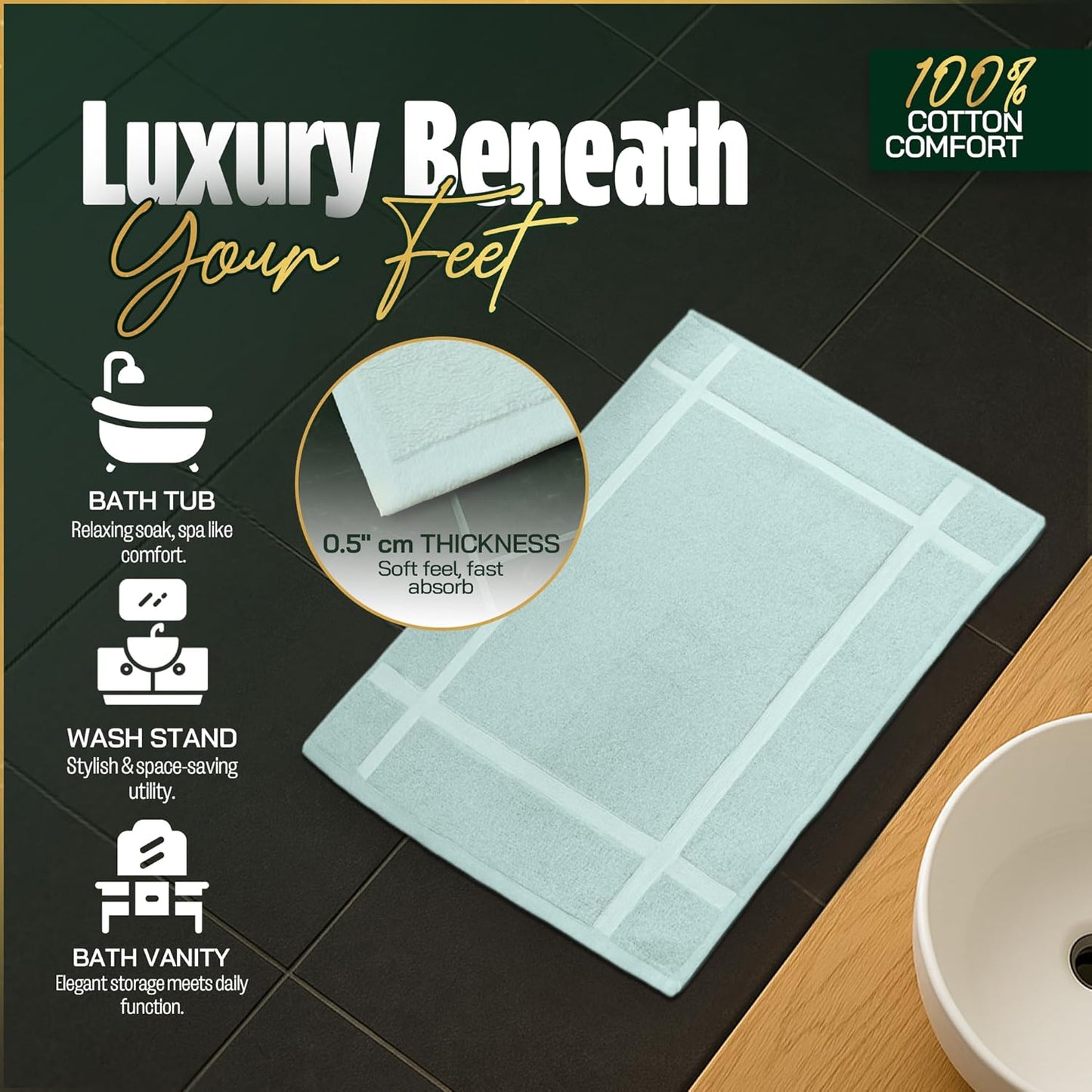 Pearl Linens Pack of 6 100% Cotton Bath Mat 20x30 inches, Soft & Absorbent Quick Dry Bathroom Mat Set, Not Bathroom Rugs, After Shower Mat, Bath Tub Mat, 687 GSM, Machine Washable, Mint Green