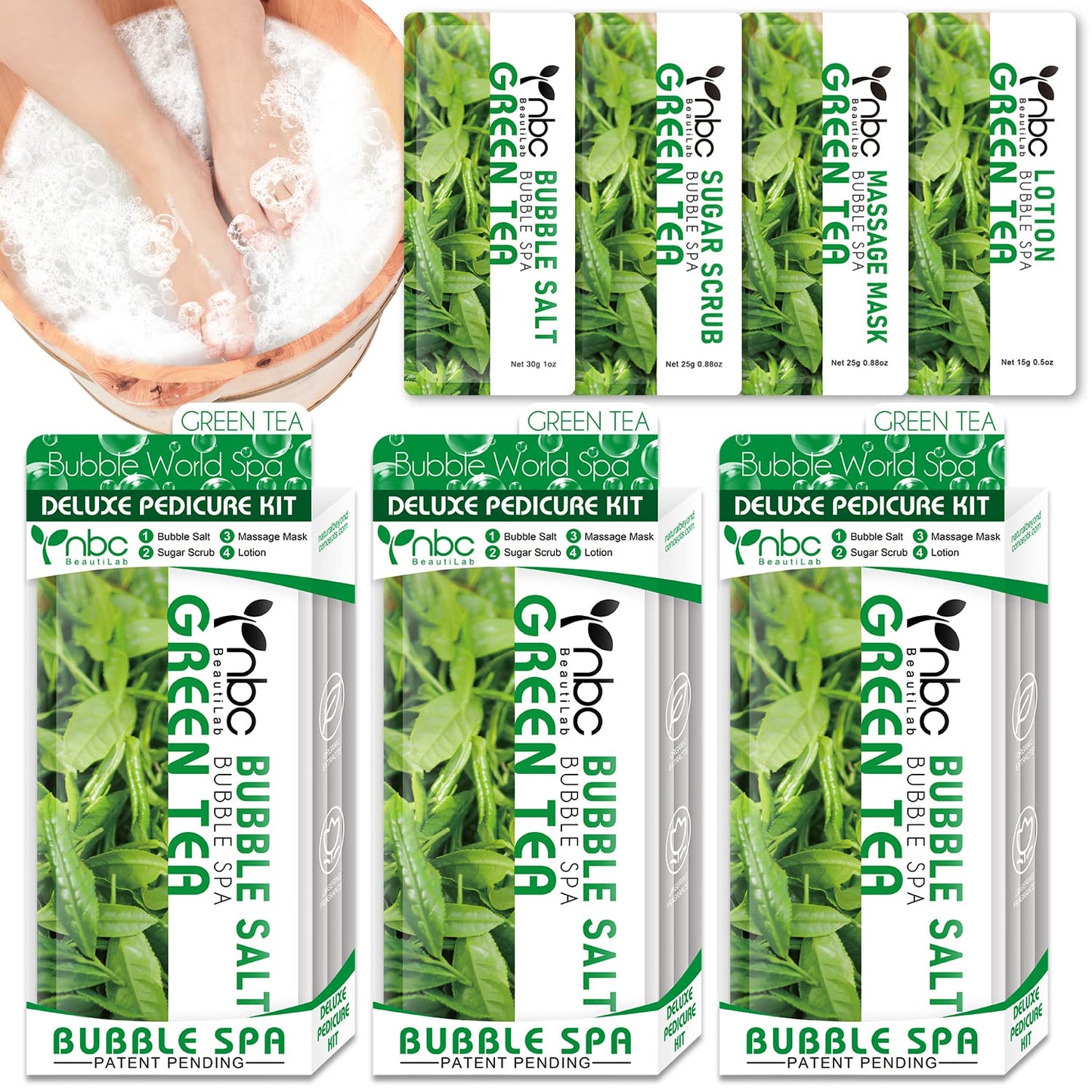 Pedicure Kit Foot Soak Set: Bubble Salt, Sugar Scrub, Massage Mask, Massage Lotion in a Box, 4 Step Foot Spa Kit for Dry Feet,Tired Feet(3 Set Green tea)