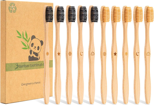 Bamboo Toothbrush Medium Bristle, 10Pcs Biodegradable Bulk Wooden Toothbrushes