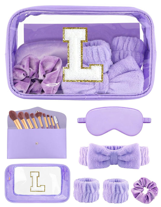 Gift Sets for Women, Initial Makeup Bag with Makeup Brush Set Bachelorette Party Favors, Purple Spa Kit with Skincare Headbands Wrist Bands Sleepover Party Supplies Gifts for Teen Girls Bridesmaid L