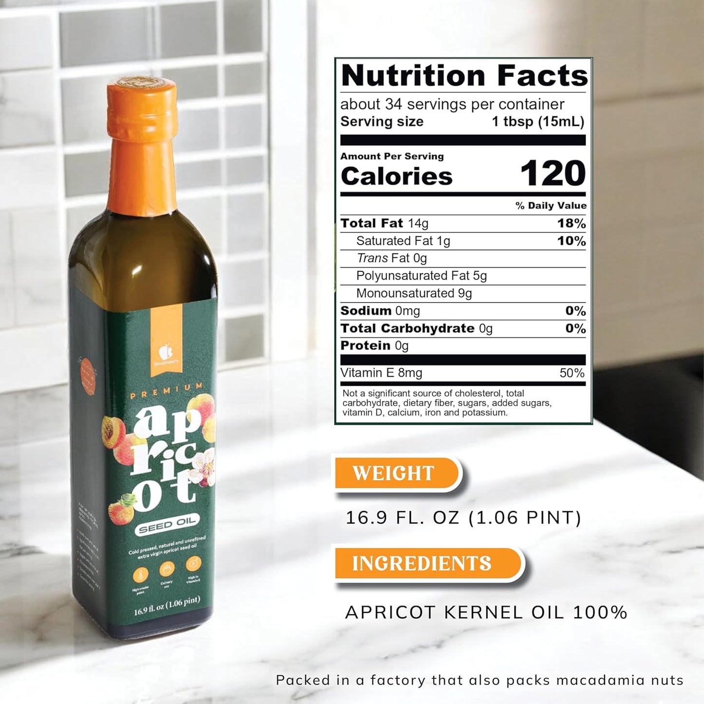 Gourmanity Apricot Seed Oil, Frying Oil with Natural Vitamin E, Apricot Kernel Oil, A Healthier Cooking Oil Alternative, Cholesterol Free, Keto And Paleo Friendly, 16.9 fl oz Bottle