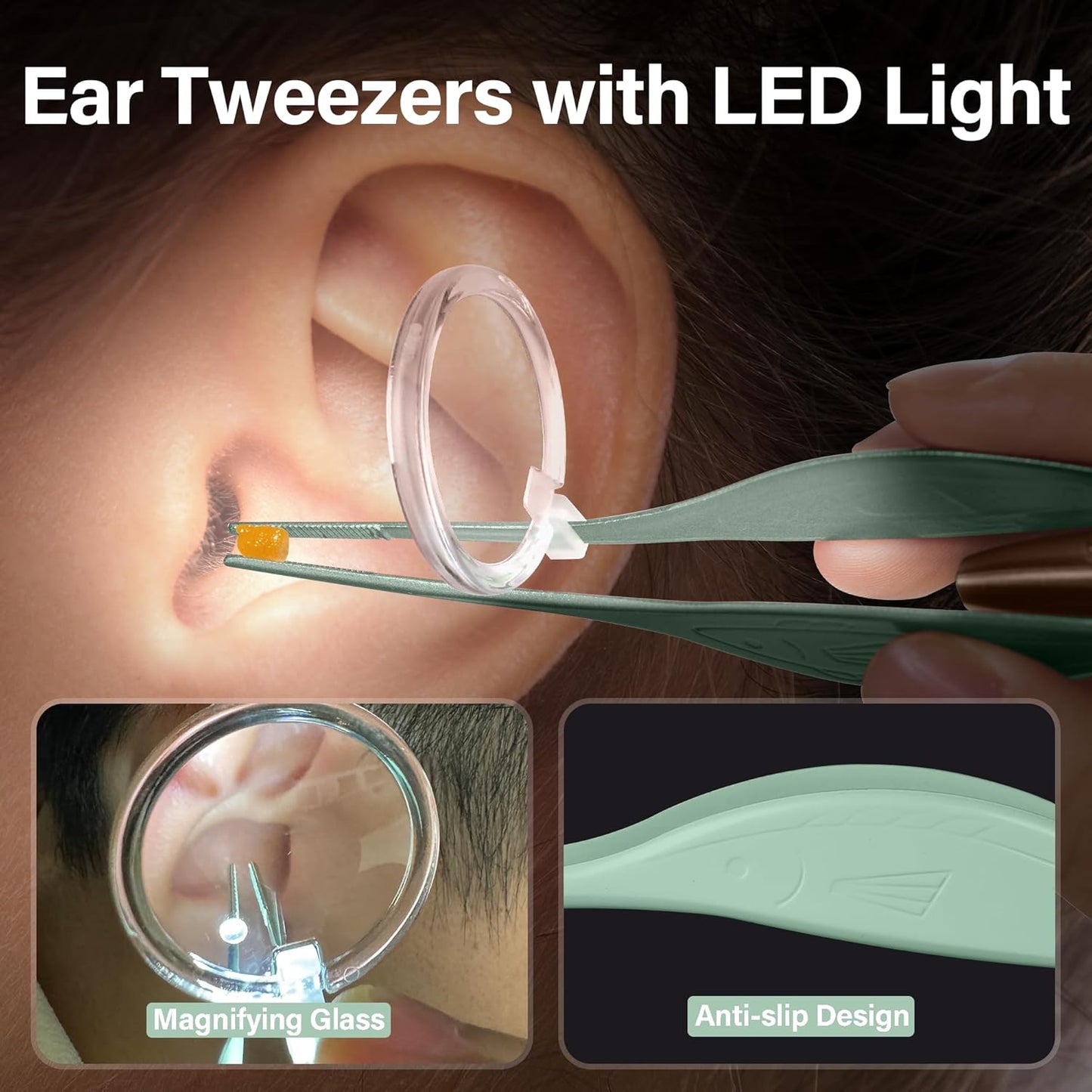 POZILAN Ear Cleaning Kit with LED Light - 15 Pack Ear Wax Removal Kit for Kids and Adults, Earwax Spoon Digger & Tweezers for Ear Cleaning Tool Present Set(Green)