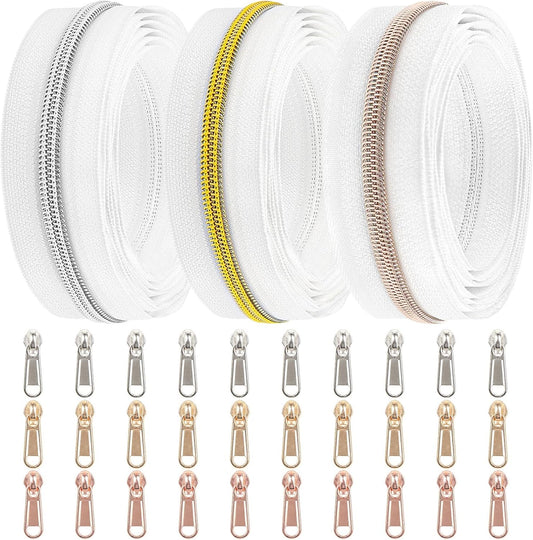 DOITEM 16.5 Yards 3 Pieces Sewing Zippers #5 Nylon Coil Zippers Assorted Zipper for Sewing with 30 Zipper Sliders for DIY Tailor Sewing Crafts Supplies, White