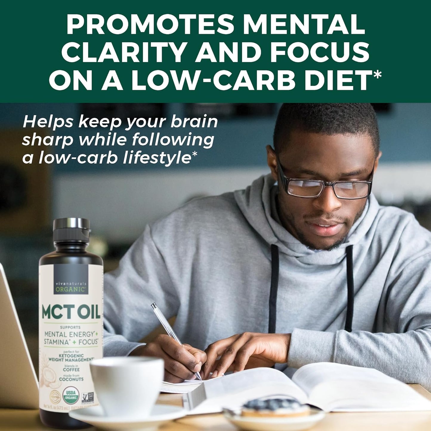 Viva Naturals Organic MCT Oil 16 fl oz - Best MCT Oil Organic for Coffee, MCT Coconut Oil Supports Energy & Mental Clarity, USDA Organic, Non-GMO, Paleo & Keto Certified, MCT Wellness