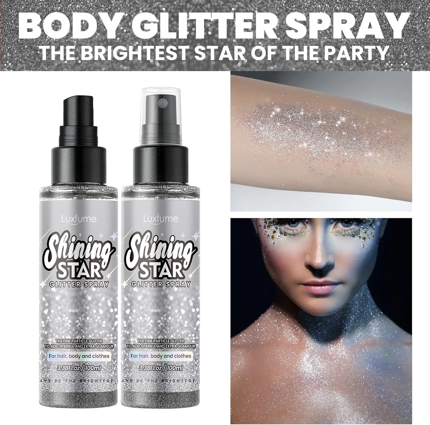 Glitter Spray for Hair and Body, Silver Body Glitter Spray, Quick-Drying and Waterproof Glitter Hairspray, Nozzles are not Easily clogged, Long-Lasting for Stage Makeup, 3.38 oz