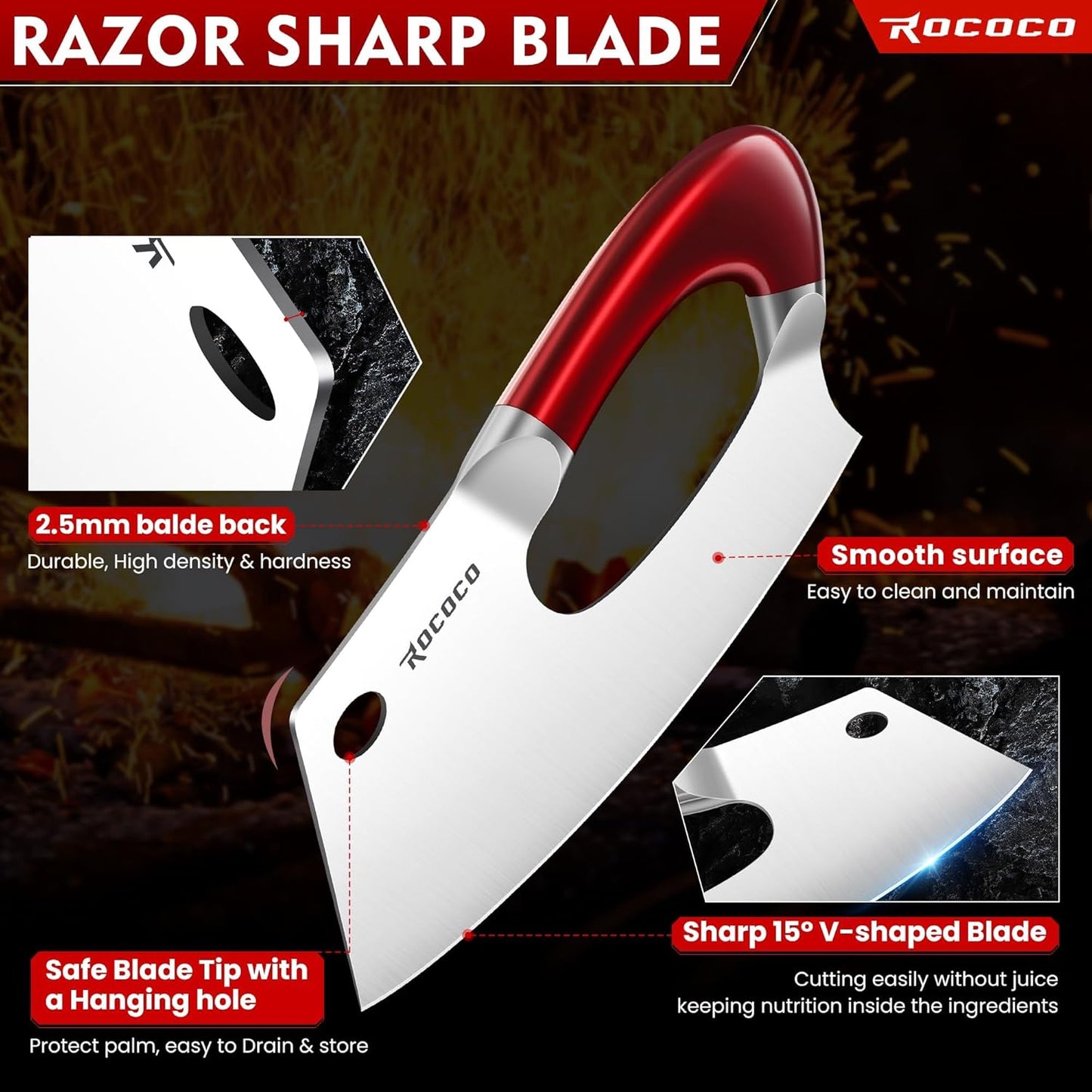 ROCOCO Meat Cleaver Knife Unique Effort Saving Kitchen Knife Professional Stainless Steel Chef Cooking Knives for Cutting Meat Vegetable Father Mother Christmas Gift Red